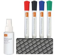 Nobo Pack de Accesorios para Pizarra Blanca - Incluye: 4 Rotuladores Pizarra, Borrador y Spray Limpiador 50Ml - Colores de los Rotuladores Negro, Azul, Rojo, Verde