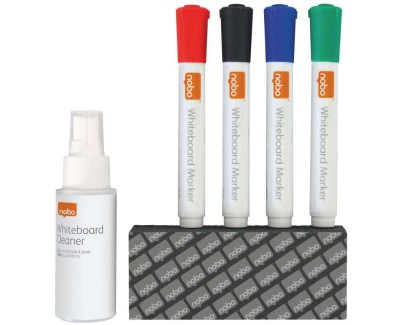 Nobo Pack de Accesorios para Pizarra Blanca - Incluye: 4 Rotuladores Pizarra, Borrador y Spray Limpiador 50Ml - Colores de los Rotuladores Negro, Azul, Rojo, Verde