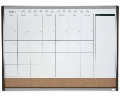 Nobo Planificador Pizarra Magnetica Pequeña con Tablero de Anuncios de Corcho 585x430mm - Semanal y Mensual - Marco Plateado y Negro - Incluye Rotulador