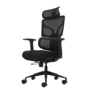 Oqonos Cherg 010 Silla de Oficina Ergonomica con Reposacabezas Cervical Ajustable, Respaldo y Asiento de Malla Elastica, Reposabrazos 4D, Asiento Deslizable Ergonomico Moldeado y Ruedas de Silicona - Negro