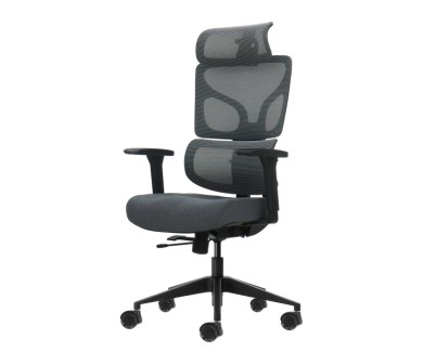 Oqonos Cherg 011 Silla de Oficina Ergonomica con Reposacabezas Cervical Ajustable, Respaldo y Asiento de Malla Elastica, Reposabrazos 4D, Asiento Deslizable Ergonomico Moldeado y Ruedas de Silicona - Gris con Estructura Negra