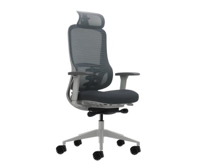 Oqonos Cherg 022 Silla de Oficina Ergonomica con Reposacabezas Cervical Ajustable, Mecanismo Autobalanceado, Reposabrazos 4D, Asiento Deslizable y Ruedas de Silicona - Gris