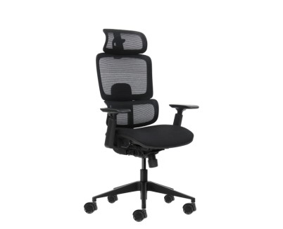 Oqonos Cherg 027 Silla de Oficina Ergonomica con Reposacabezas Cervical Ajustable, Respaldo y Asiento de Malla Elastica, Respaldo Regulable en Altura, Lumbar Ajustable, Reposabrazos 4D y Ruedas de Silicona - Negro