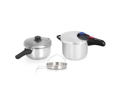 Orbegozo HP 4566 Olla Rapida de Acero Inoxidable - Dos Ollas con Sistema de Seguridad - Fondo Termo Difusor - Selector Gradual de Presion - Accesorio para Cocinar al Vapor