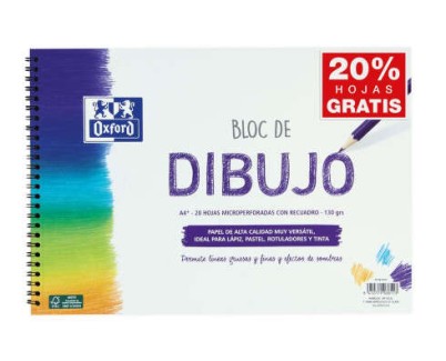 Oxford Bloc de Dibujo Escolar Espiral Formato A4+ con Reacuadro - 20 Hojas Microperforadas 130gr Color natural - Papel de Superfície Rugosa