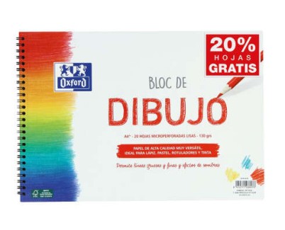 Oxford Bloc de Dibujo Escolar Espiral Formato A4+ Liso - 20 Hojas Microperforadas 130gr Color natural - Papel de Superf&iacute;cie Rugosa