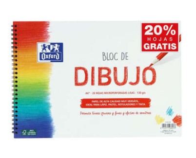 Oxford Bloc de Dibujo Escolar Espiral Formato A4+ Liso - 20 Hojas Microperforadas 130gr Color natural - Papel de Superf&iacute;cie Rugosa