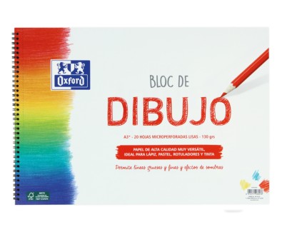Oxford Dibujo Escolar Bloc Espiral A3+ - Tapa Blanda/Contratapa Rigida - 20 Hojas 130gr Liso