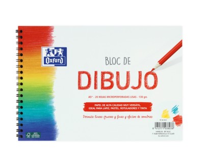 Oxford Dibujo Escolar Bloc Espiral Dibujo A5+ - Tapa Blanda/Contratapa Rigida - 20 Hojas 130gr Liso