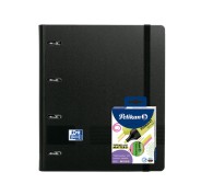 Oxford Europeanbinder Live & Go A4+ Pack con Carpeta Tamaño A4+ con Recambio de 100 Hojas + Pack con 4 Marcadores Pelikan Testmarker 490 - Tapa de Plastico Polyfoam - Cierre con Goma - Color Negro