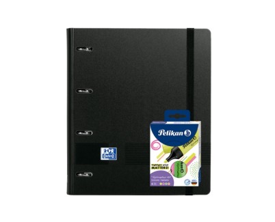 Oxford Europeanbinder Live & Go A4+ Pack con Carpeta Tama&ntilde;o A4+ con Recambio de 100 Hojas + Pack con 4 Marcadores Pelikan Testmarker 490 - Tapa de Plastico Polyfoam - Cierre con Goma - Color Negro