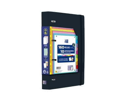 Oxford Europeanbinder Live & Go XL Pack con Carpeta A4+ con Recambio de 160 Hojas Cuadricula 5x5 + 10 Separadores de Plastico + Hoja con Stickers Removibles + Pizarra Write & Eraser - Tapa de Plastico Polyfoam - Cierre con Goma - Color Negro