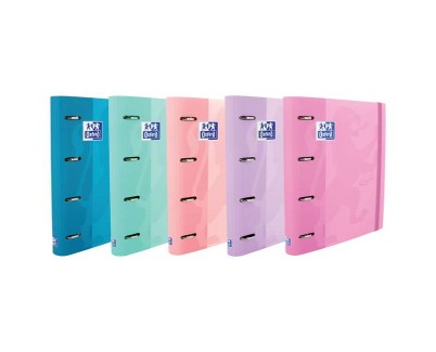 Oxford Europeanbinder Touch Carpeta de 4 Anillas Formato A4+ con Recambio Cuadriculado 5x5mm y 4 Taladros - Tapa Tacto Suave - Cierre con Goma Elastica - Colores Surtidos Pastel