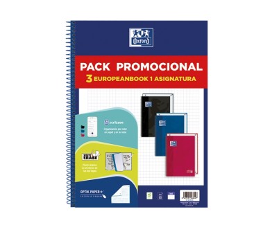 Oxford Europeanbook 1 Classic Pack de 3 Cuadernos Espiral Formato A4+ Cuadriculado 5x5mm - 80 Hojas 90gr - Tapa Extradura Tacto Suave - Recuadro de Color - Colores Vivos Surtidos