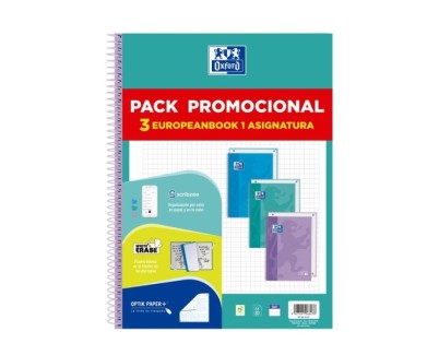 Oxford Europeanbook 1 Touch Pack de 3 Cuadernos Espiral Formato A4+ Cuadriculado 5x5mm - 80 Hojas 90gr - Tapa Extradura Tacto Suave - Recuadro de Color - Colores Pastel Surtidos