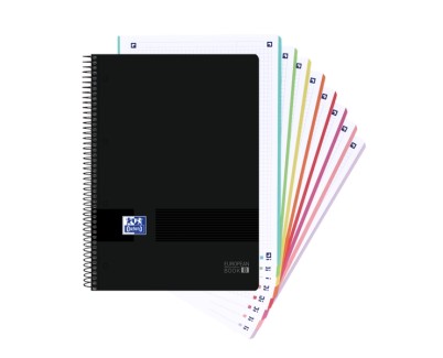 Oxford Europeanbook 8 Live & Go Cuaderno Espiral A4+ 160 Hojas Cuadricula 5x5 - 8 Bandas de Color - Tapa de Plastico Resistente - Color Negro