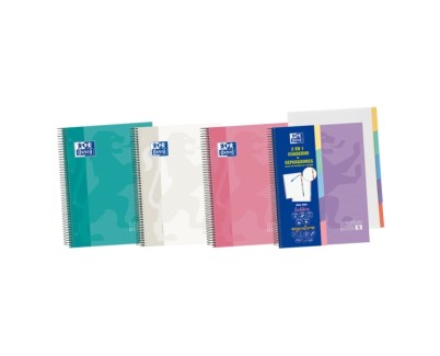 Oxford Europeanbook A5+ Cuaderno Espiral 100 Hojas Cuadricula 5x5 - Tapa Extradura Acabado Brillante - 5 Pestañas Troqueladas - Colores Surtidos