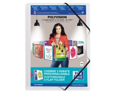 Oxford Polyvision A4+ Carpeta de Gomas 3 Solapas - Tapa de Plastico Personalizable - Lomo 30mm Transparente