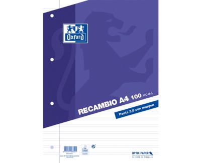 Oxford Recambio de 100 Hojas Pauta de 3.5mm con Margen - 4 Taladros