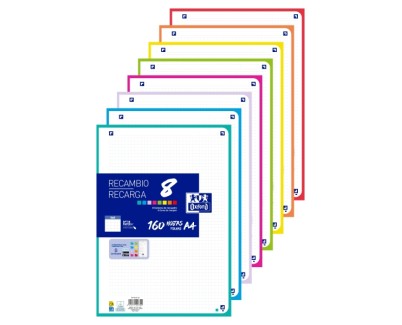 Oxford Recambio de 160 Hojas con 4 Taladros - Formato A4 - Cuadricula 5x5 Enmarcada - Anti Traspaso de Tinta - Digitalizacion de Textos con App - Colores Surtidos