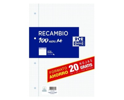 Oxford Recambio Formato A4 Cuadriculado 4x4mm 4 Taladros - 80 Hojas + 20 Gratis 90gr con Margen