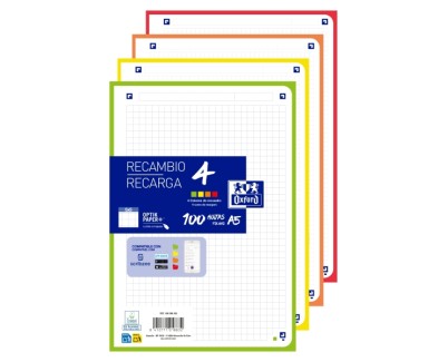 Oxford Recambios de 100 Hojas - Formato A5 - Cuadricula 5x5mm - 4 Taladros - Digitalizacion de Textos con App - Bandas de Colores Surtidos