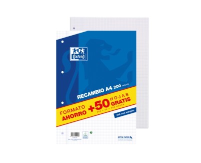 Oxford School Classic Recambio con 250 Hojas A4 Cuadricula 4x4 con Margen