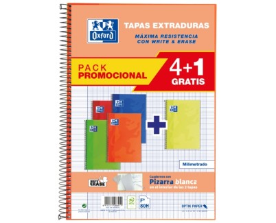 Oxford School Classic Write&Erase Pack de 5 Cuadernos Espiral Tapa Extradura - Tama&ntilde;o Folio - Milimetrado con Margen - 80 Hojas - Colores Surtidos