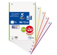 Oxford School Pack de 5 A4 Recambio - Liso - Promocion 100+20 Hojas - Colores Surtidos