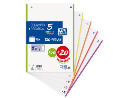 Oxford School Pack de 5 A4 Recambio - Liso - Promocion 100+20 Hojas - Colores Surtidos