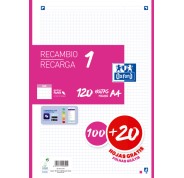 Oxford School Recambio A4 120 Hojas Cuadricula 5x5mm - 4 Taladros - Banda de Color Fucsia