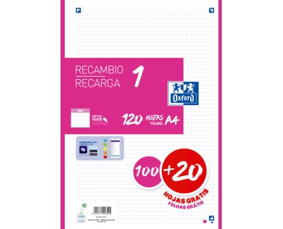 Oxford School Recambio A4 120 Hojas Cuadricula 5x5mm - 4 Taladros - Banda de Color Fucsia