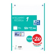 Oxford School Recambio A4 120 Hojas Cuadricula 5x5mm - 4 Taladros - Banda de Color Ice Mint