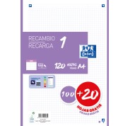 Oxford School Recambio A4 120 Hojas Cuadricula 5x5mm - 4 Taladros - Banda de Color Lila