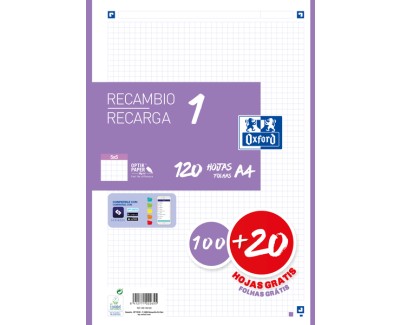 Oxford School Recambio A4 120 Hojas Cuadricula 5x5mm - 4 Taladros - Banda de Color Lila