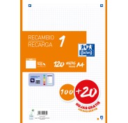 Oxford School Recambio A4 120 Hojas Cuadricula 5x5mm - 4 Taladros - Banda de Color Naranja
