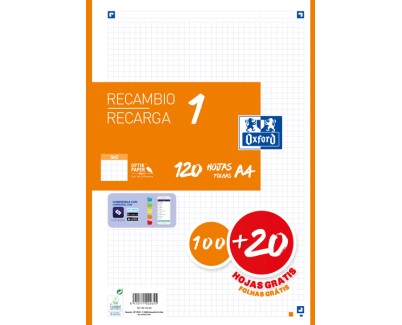 Oxford School Recambio A4 120 Hojas Cuadricula 5x5mm - 4 Taladros - Banda de Color Naranja