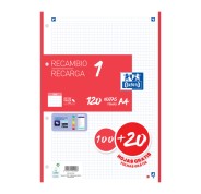 Oxford School Recambio A4 120 Hojas Cuadricula 5x5mm - 4 Taladros - Banda de Color Rojo