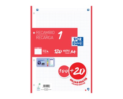Oxford School Recambio A4 120 Hojas Cuadricula 5x5mm - 4 Taladros - Banda de Color Rojo