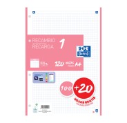 Oxford School Recambio A4 120 Hojas Cuadricula 5x5mm - 4 Taladros - Banda de Color Rosa