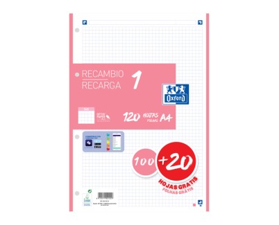 Oxford School Recambio A4 120 Hojas Cuadricula 5x5mm - 4 Taladros - Banda de Color Rosa