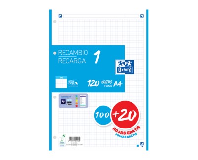 Oxford School Recambio A4 120 Hojas Cuadricula 5x5mm - 4 Taladros - Banda de Color Turquesa