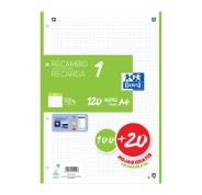 Oxford School Recambio A4 120 Hojas Cuadricula 5x5mm - 4 Taladros - Banda de Color Verde