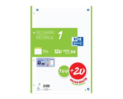 Oxford School Recambio A4 120 Hojas Cuadricula 5x5mm - 4 Taladros - Banda de Color Verde