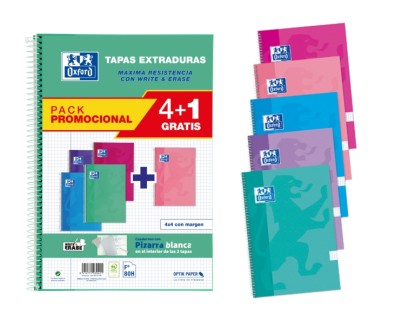 Oxford School Write&Erase Pack 4+1 de Cuaderno Espiral 80 Hojas Cuadricula 4x4 con Margen - Tapa Extradura - Colores Surtidos