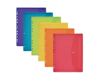 Oxford Sobre Portadocumentos Multitaladro A4 - Capacidad para 25 Hojas - Cierre de Velcro - 11 Taladros - Plastico Flexible Translucido - Colores Surtidos