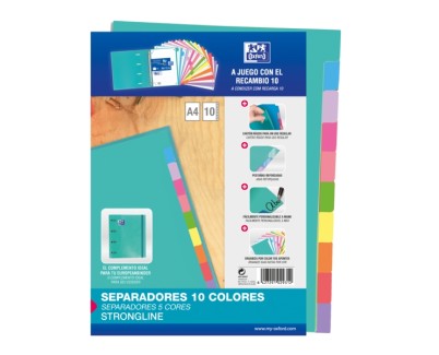 Oxford Strongline A4 Separadores - 10 Posiciones de Diferentes Colores - 4 Taladros - Cartulina 200gr