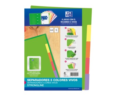 Oxford Strongline A4 Separadores 5 Posiciones - 4 Taladros - Cartulina 200gr - Colores Surtidos