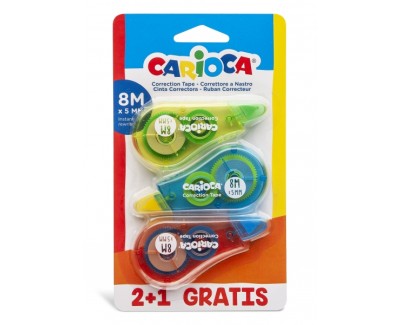 Pack Carioca Corrector de Cinta 2+1 - Cubriente - Se Puede Volver a Escribir Enseguida - Ideal para Cualquier Tipo de Papel - Color Varios