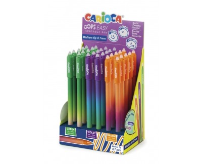 Pack Carioca Oops Easy Expositor de 30 Boligrafos Borrables - Tinta Termo Sensible - Cuerpo con Efecto Degradado - Punta de &Oslash; 0.7mm - Doble Goma - Color Varios